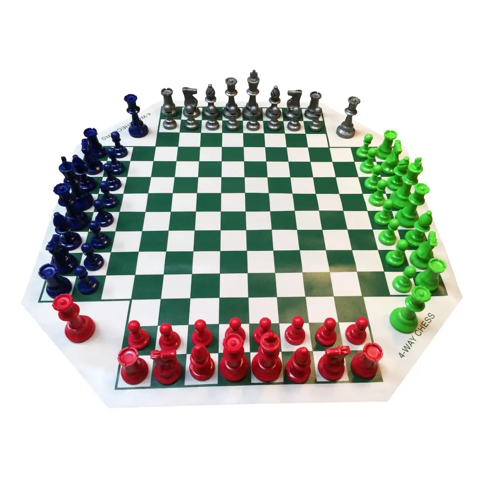 4 WAY CHESS SET COMBO - Vinyl 4 Way Board/4 Sides Color Pieces/Bag - Chess Board
