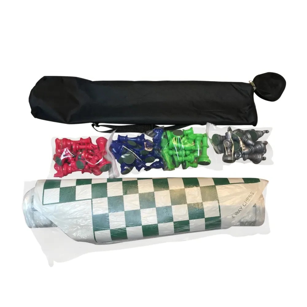 4 WAY CHESS SET COMBO - Vinyl 4 Way Board/4 Sides Color Pieces/Bag - Chess Board