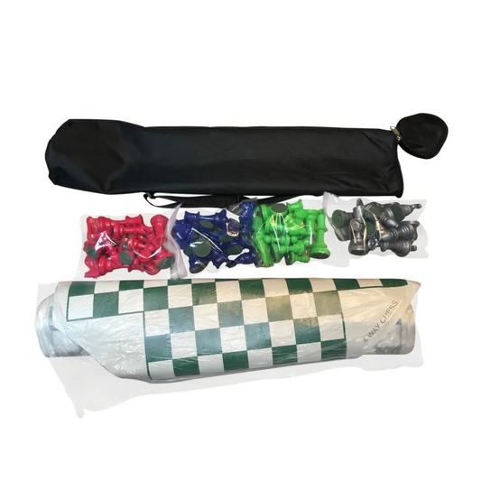 4 WAY CHESS SET COMBO - Vinyl 4 Way Board/4 Sides Color Pieces/Bag - Chess Board