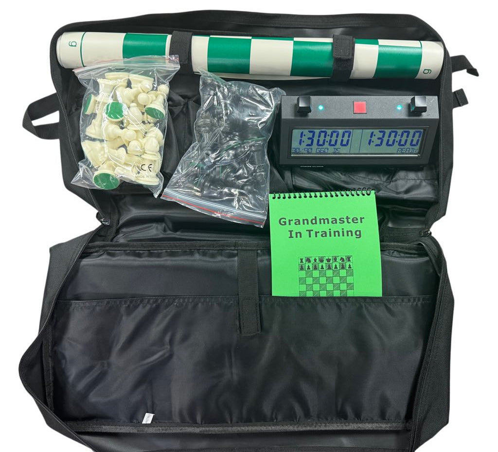 Backpack, Pieces, Vinyl Board, Silverback Metal Chess Clock Scorebook