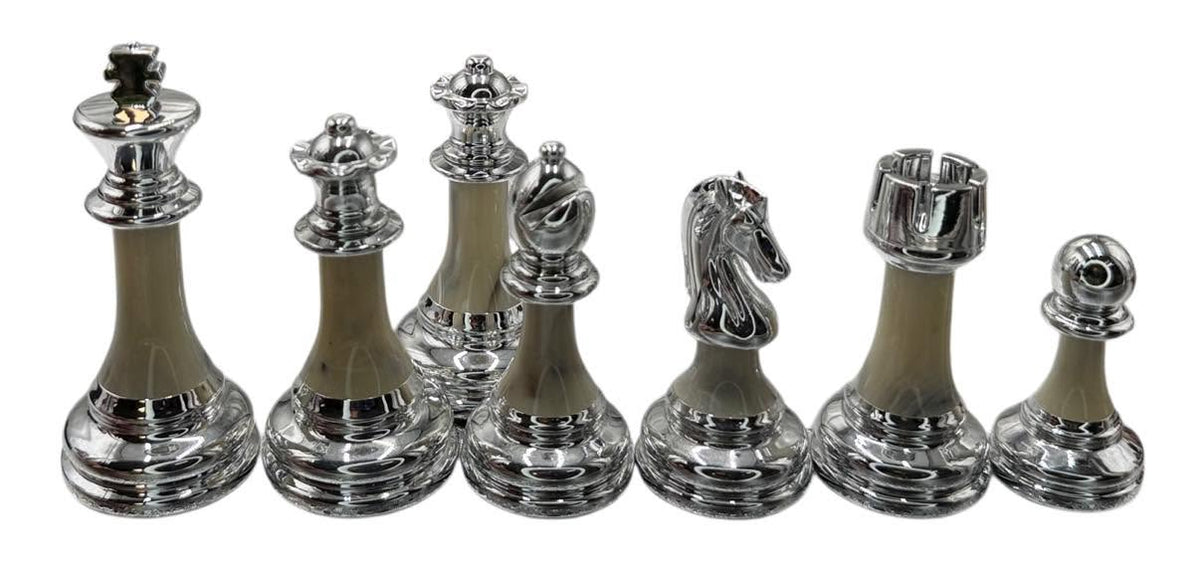 Staunton Metal & Marbled Acrylic Finish Chess Pieces – 3.5″ King, 34 Pieces with Extra Queens