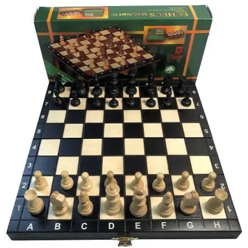 Wooden Magnetic Chess Set - 10 1/2" Folding Board - 2" King - Black