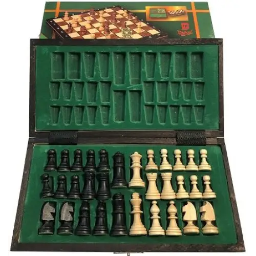 Wooden Magnetic Chess Set - 10 1/2" Folding Board - 2" King - Black