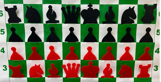 27 in Slotted Chess Demo Board with Red/Black Pieces