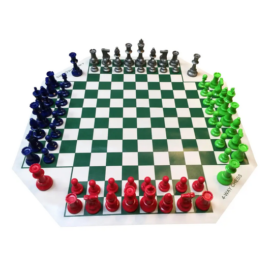 4 WAY CHESS SET COMBO - Vinyl 4 Way Board/4 Sides Color Pieces/Bag - Chess Board