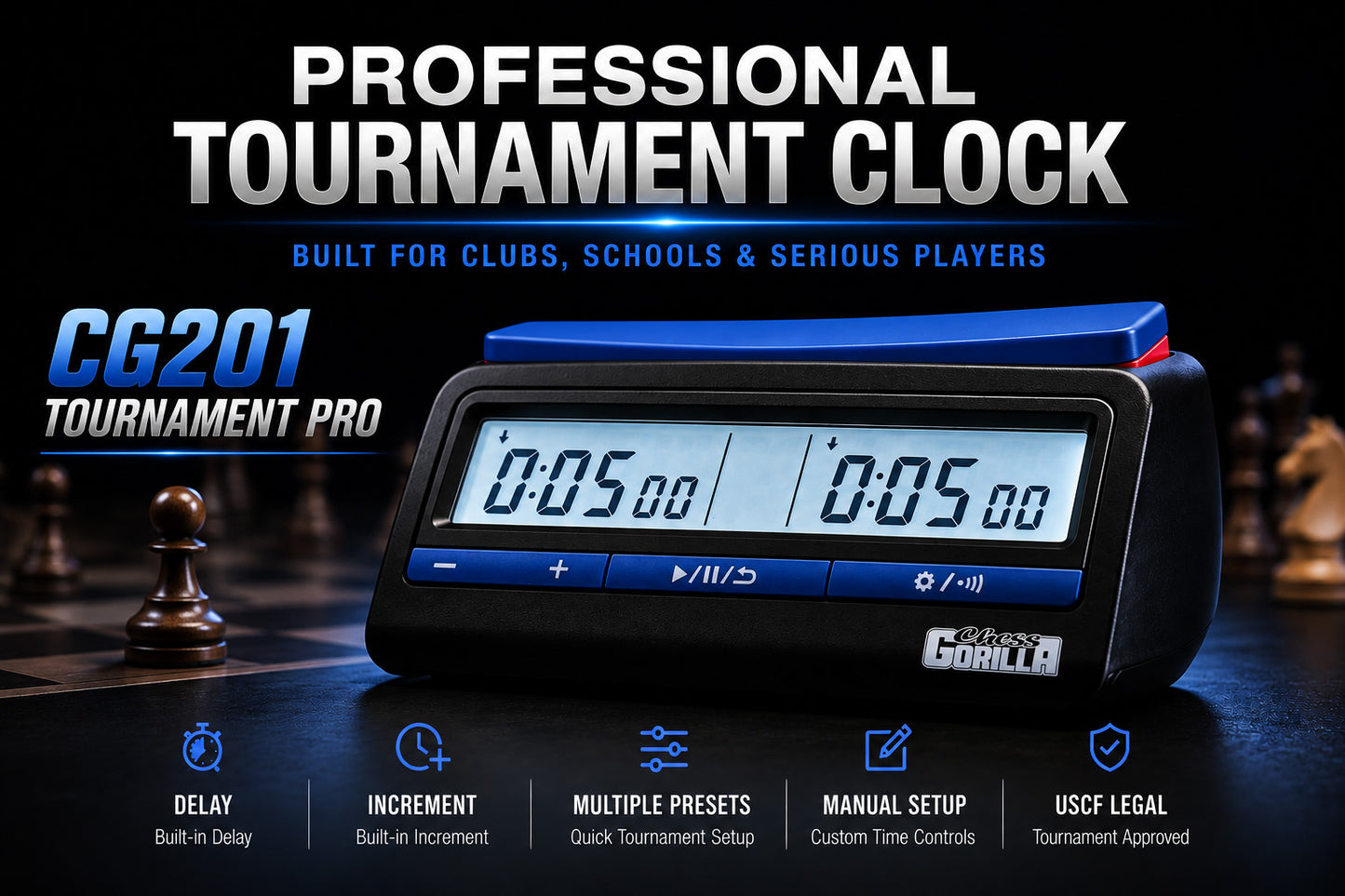 CG 201 Tournament Pro Chess Clock — Black and Blue | Increment, Delay and Dual Time