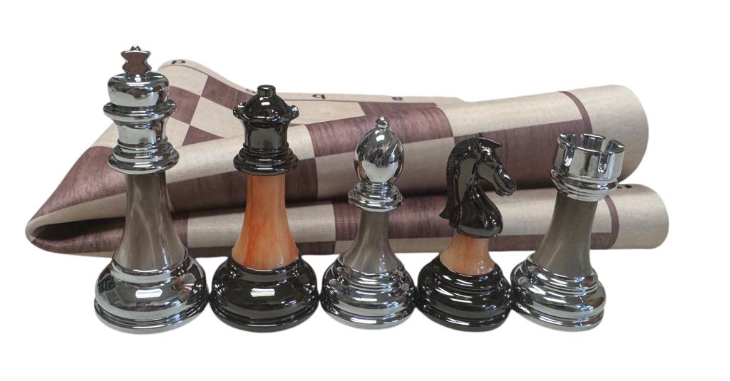 Staunton Weighted Metal/Acrylic Chess Pieces w/elm Floppy Board