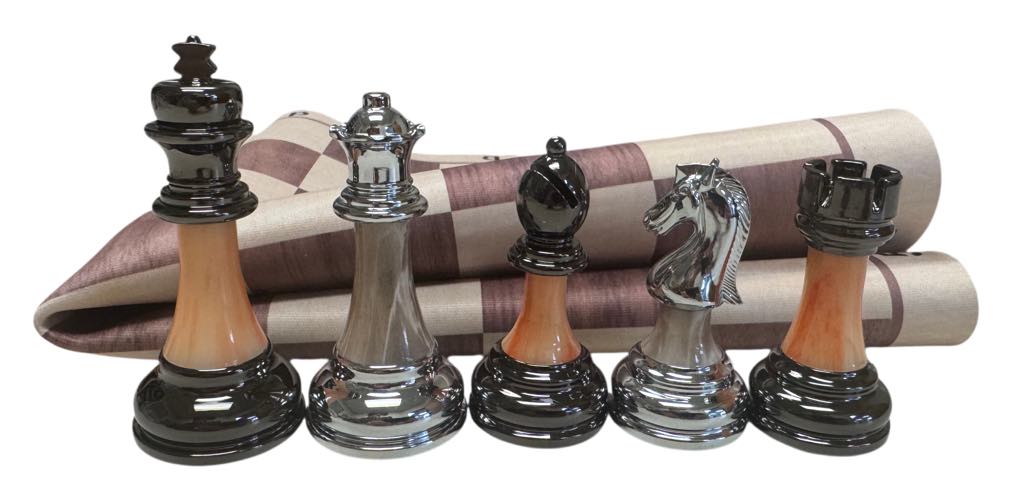 Staunton Weighted Metal/Acrylic Chess Pieces w/elm Floppy Board
